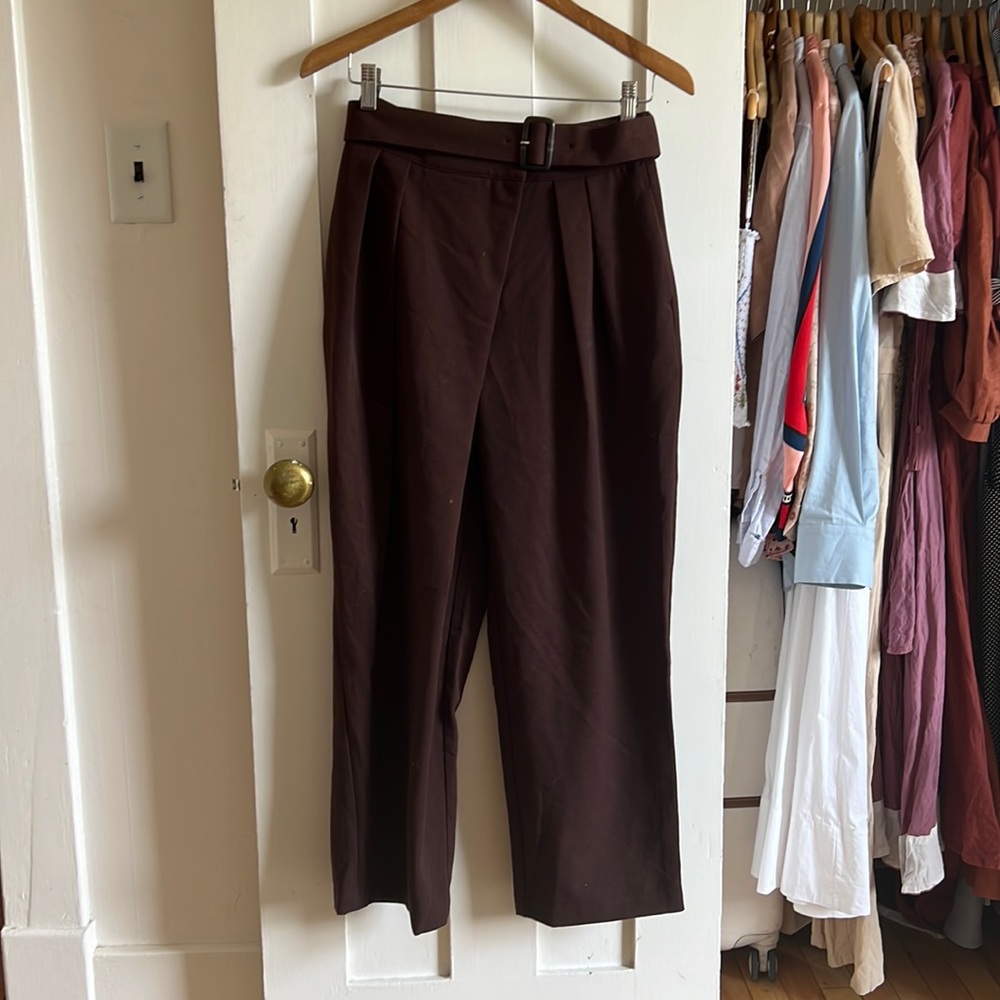 chocolate coloured tapered trousers with front pleat and belt - worn once